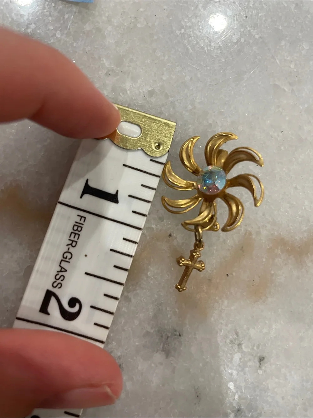 Gold-Tone Sunburst Cross Drop Pin Brooch with Crystal Accent